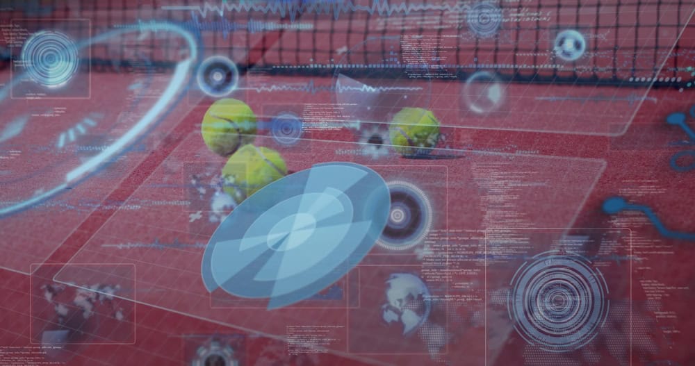 Tennis,Court,With,Digital,Data,And,Technology,Image,Overlaying,Scene.